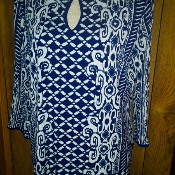 Womans Long Size Medium Top Abstract Loosefit Longsleeve Blouse Blue White Shirt - Picture 2 of 5